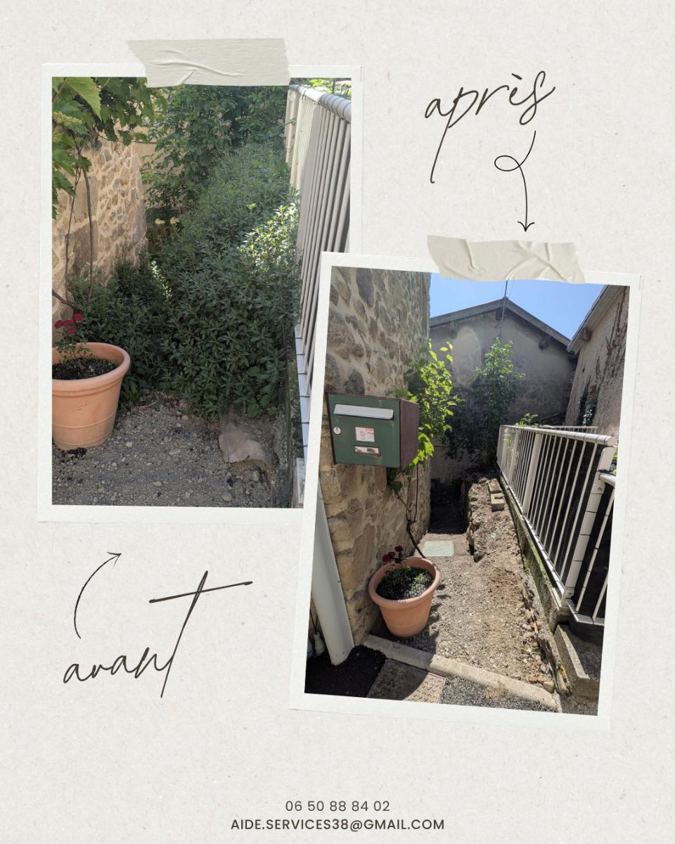 Chantier d'entretien de jardin réalisé par Aide et Services 38, paysagiste du réseau Factotum, près de Saint-Clair-du-Rhône
