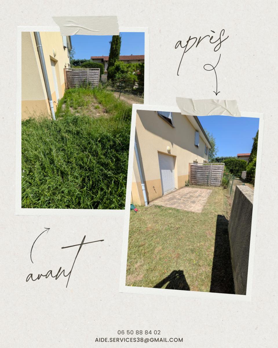 Chantier d'entretien de jardin réalisé par Aide et Services 38, paysagiste du réseau Factotum, près de Saint-Clair-du-Rhône