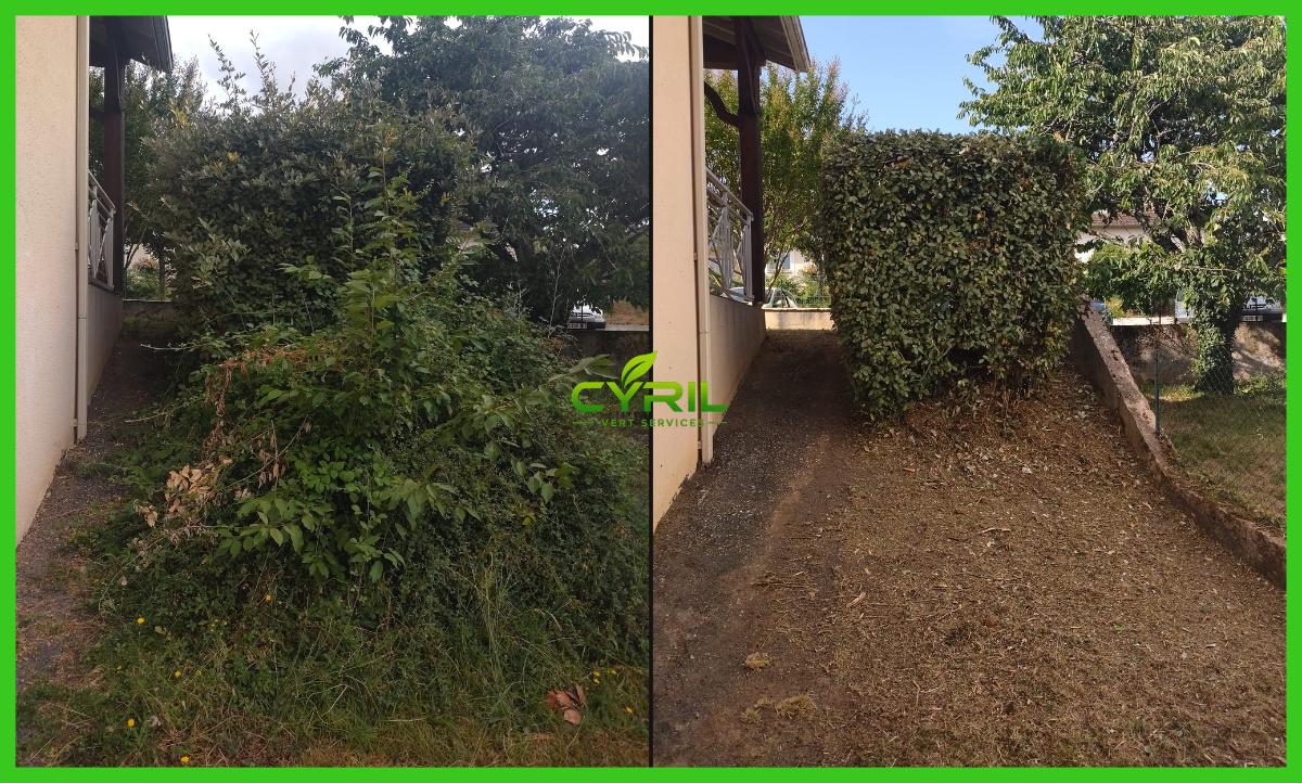 Chantier d'entretien de jardin réalisé par CYRIL Vert Services, paysagiste du réseau Factotum, près de Assier